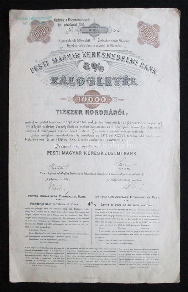 Pesti Magyar Kereskedelmi Bank zloglevl 10000 korona 1907